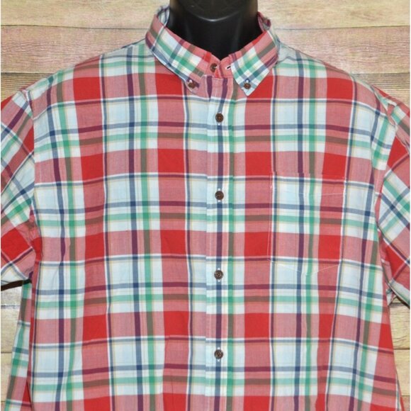 Lands' End Mens XL Short Sleeve Red Plaid Button Down Shirt Cotton Pocket Preppy - Picture 2 of 9